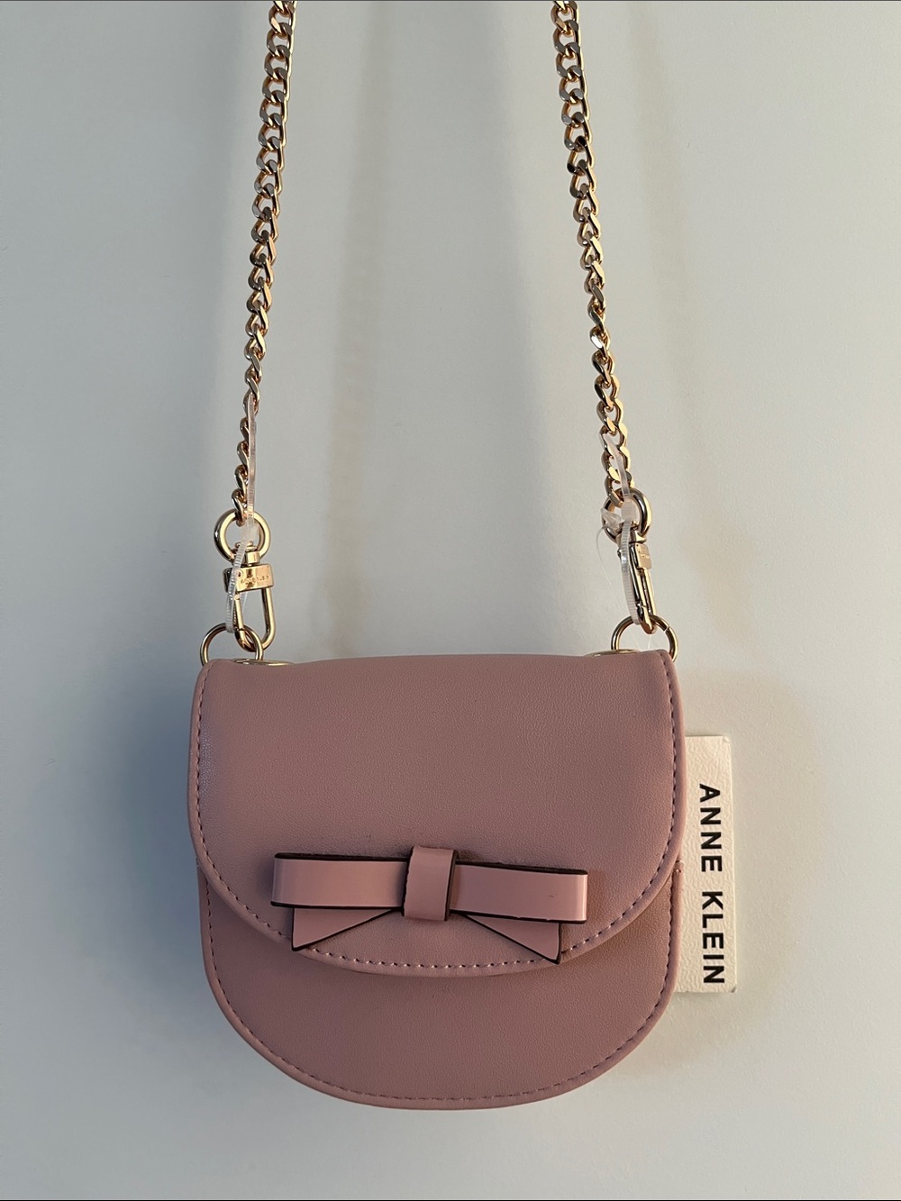 Anne Klein Rose Pink Bow Detail Mini Wallet Cardholder w/ Gold Tone Chain Strap